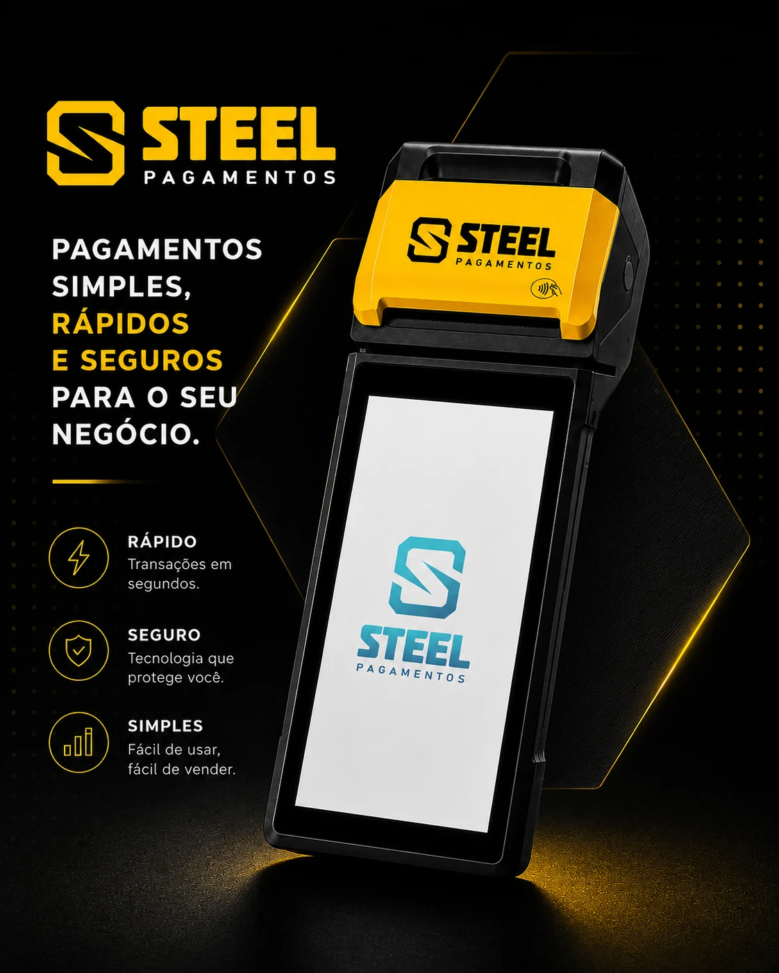 Empreendedor segurando uma maquininha Steel
